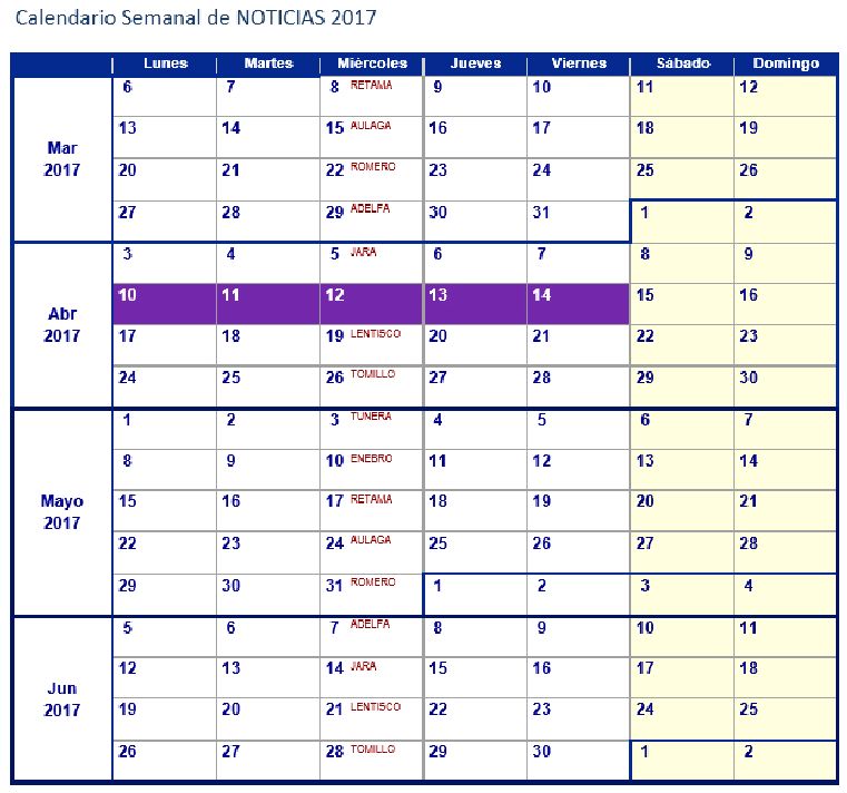 CALENDARIO SEMANAL NOTICIAS 2017